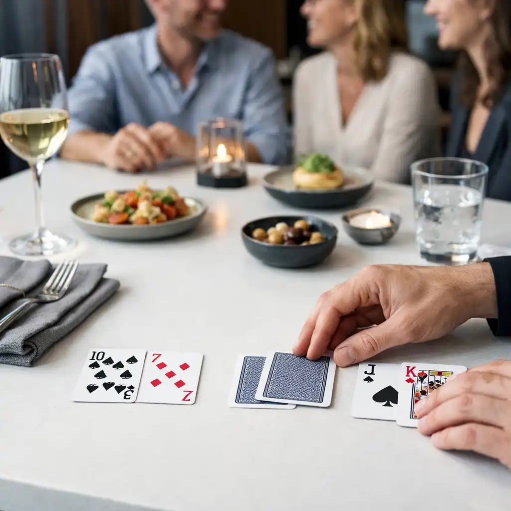 Prowadzący wyjaśnia rekreacyjny format z kartami małej grupie przy restauracyjnym stole.