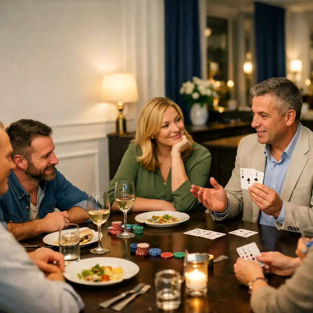 Gospodarz objaśnia rekreacyjną aktywność kartową gościom przy eleganckim stole restauracyjnym