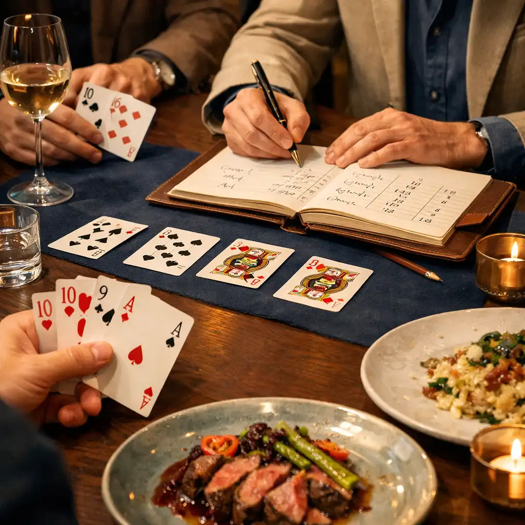 Dłonie gości, notes prowadzącego i nakrycie restauracyjnego stołu podczas aktywności offline
