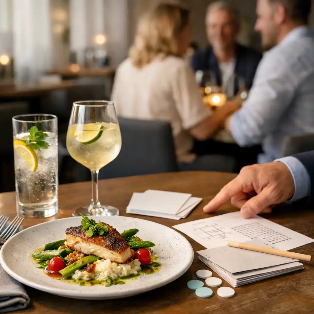 Danie, dłonie gości i gospodarz prowadzący aktywność przy restauracyjnym stole