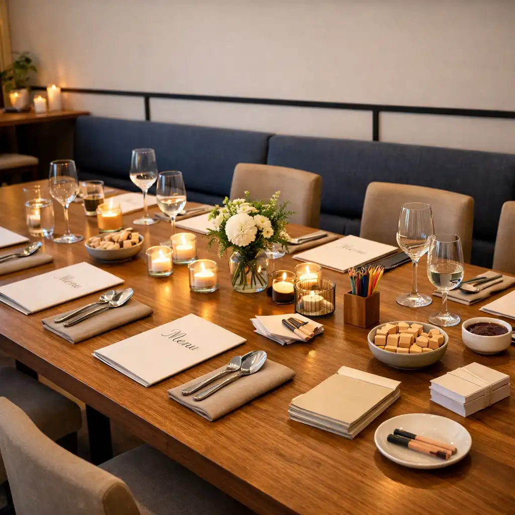 Przygotowany prywatny stół restauracyjny z nakryciami, kartami menu i subtelnymi rekwizytami do aktywności.