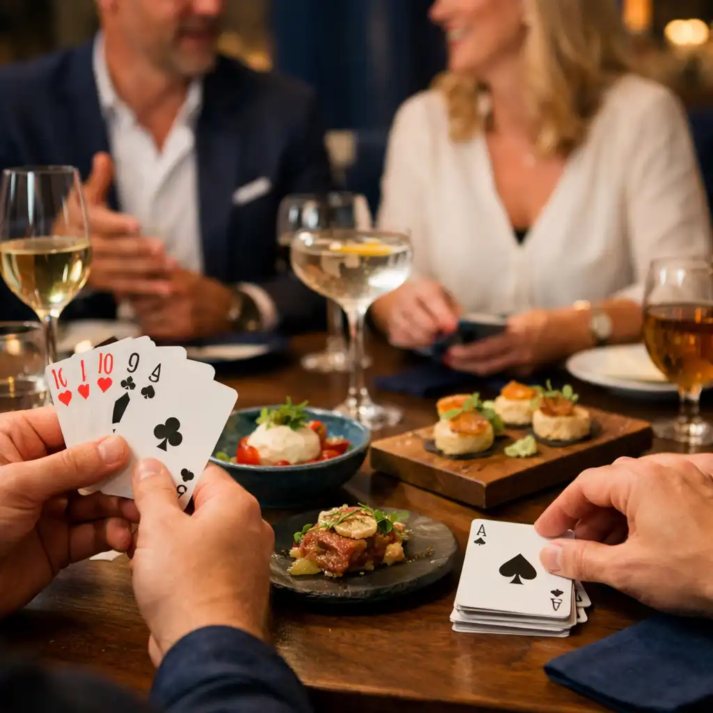 Dłonie gości, małe dania i karty używane jako element rekreacyjnej aktywności przy restauracyjnym stole