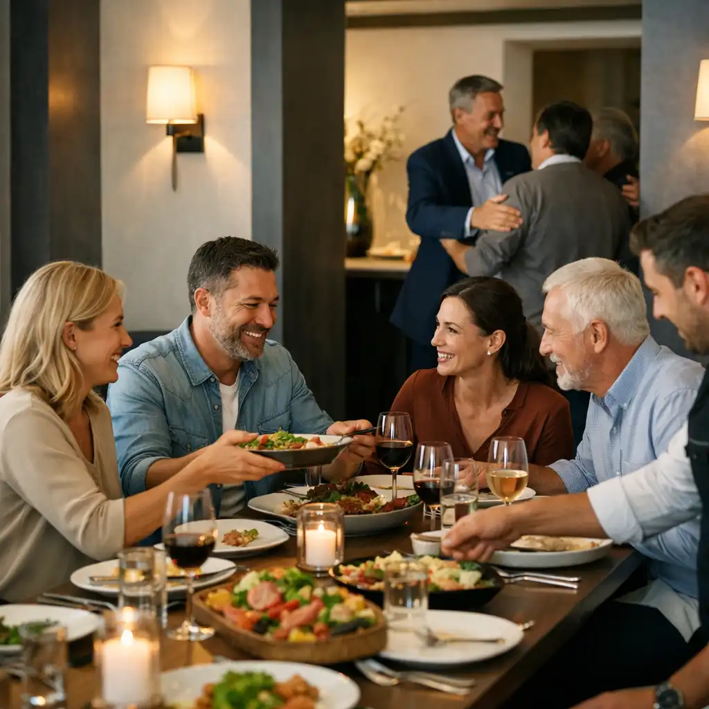 Prywatna grupa rozmawiająca przy długim stole w restauracji