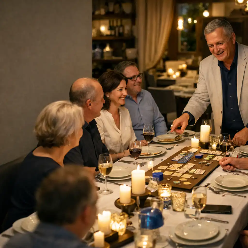 Goście i prowadzący przy elegancko nakrytym stole podczas kameralnego wieczoru w restauracji